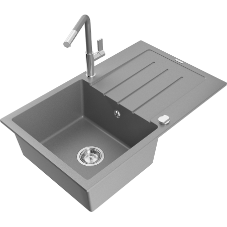 Mexen Bruno fregadero de granito de 1 seno con escurridor y grifo de cocina Flora, gris - 6513-71-670401-06