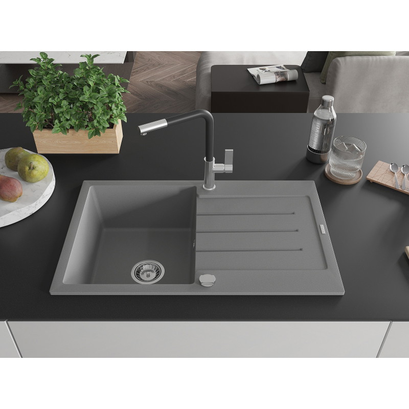 Mexen Bruno fregadero de granito de 1 cuba con escurridor y grifo de cocina Flora, gris - 6513-71-670401-07