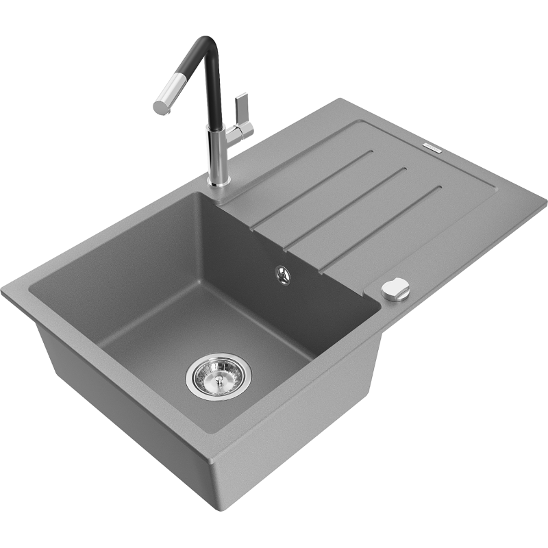 Mexen Bruno 1-bowl granite kitchen sink with drainer and Flora kitchen tap, grey - 6513-71-670401-07