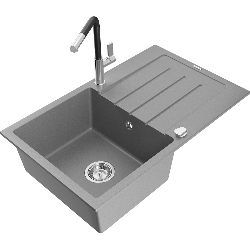 Mexen Bruno fregadero de granito de 1 compartimento con escurridor y grifo de cocina Flora, gris - 6513-71-670401-07