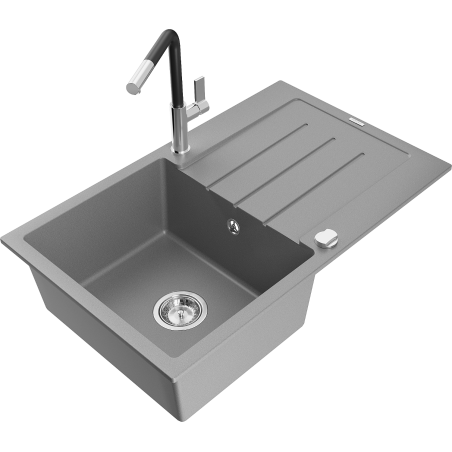 Mexen Bruno 1-bowl granite kitchen sink with drainer and Flora kitchen tap, grey - 6513-71-670401-07