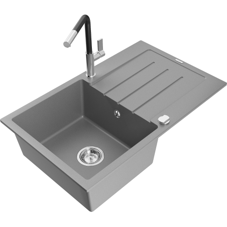Mexen Bruno fregadero de granito de 1 cuba con escurridor y grifo de cocina Flora, gris - 6513-71-670401-07