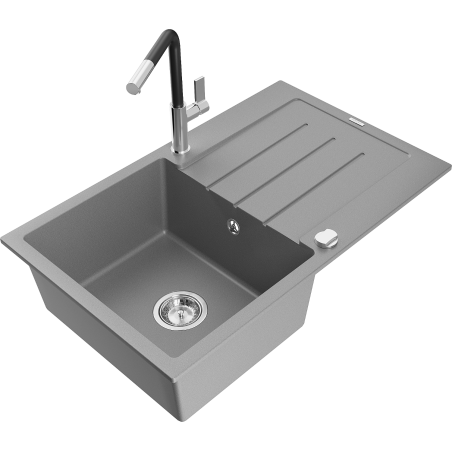 Mexen Bruno Granitspüle 1-Becken mit Abtropffläche und Küchenarmatur Flora, Grau - 6513-71-670401-07