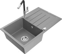 Mexen Bruno Granitspüle 1-Becken mit Abtropffläche und Küchenarmatur Flora, Grau - 6513-71-670401-07
