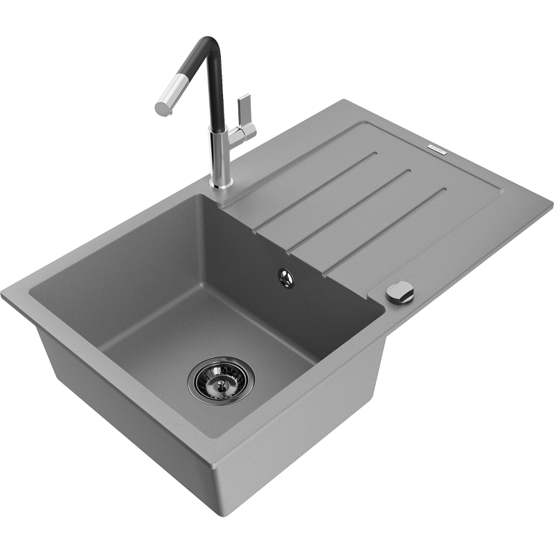 Mexen Bruno 1-bowl granite sink with drainer and Flora kitchen tap, grey - 6513-71-670401-07-B