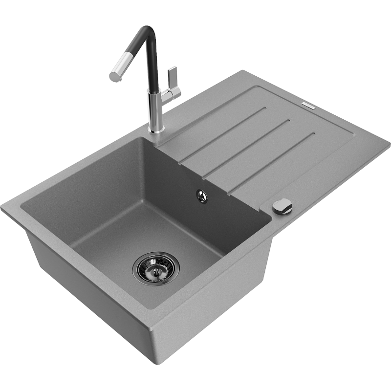 Mexen Bruno fregadero de granito de 1 seno con escurridor y grifo de cocina Flora, gris - 6513-71-670401-07-B