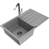Mexen Bruno 1-bowl granite sink with drainer and Flora kitchen tap, grey - 6513-71-670401-07-B