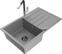 Mexen Bruno fregadero de granito de 1 seno con escurridor y grifo de cocina Flora, gris - 6513-71-670401-07-B