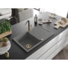 Mexen Bruno Granitspüle 1-Becken mit Abtropffläche und Küchenarmatur Flora, Grau - 6513-71-670401-57-G