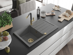 Mexen Bruno Granitspüle 1-Becken mit Abtropffläche und Küchenarmatur Flora, Grau - 6513-71-670401-57-G