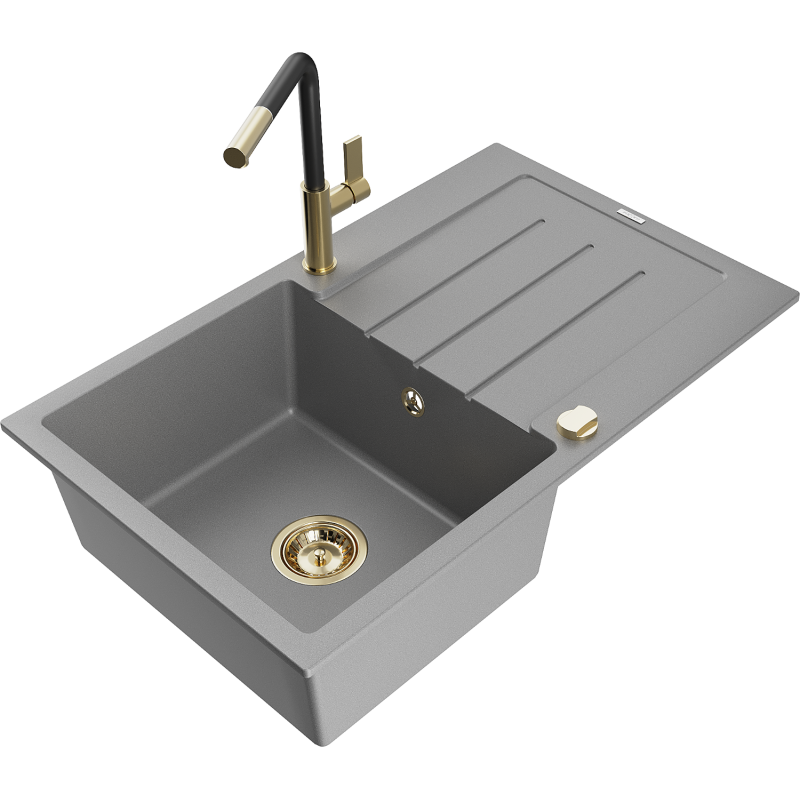 Mexen Bruno 1-bowl granite sink with drainer and Flora kitchen tap, grey - 6513-71-670401-57-G