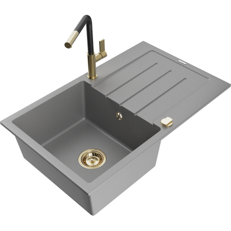 Mexen Bruno 1-bowl granite sink with drainer and Flora kitchen tap, grey - 6513-71-670401-57-G