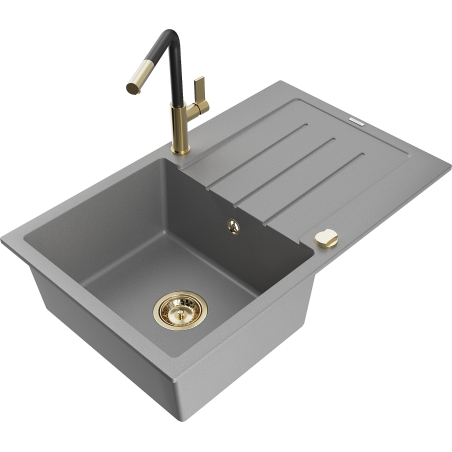 Mexen Bruno 1-Kammer-Granitzubehör mit Abtropffläche und Flora-Küchenarmatur, grau - 6513-71-670401-57-G