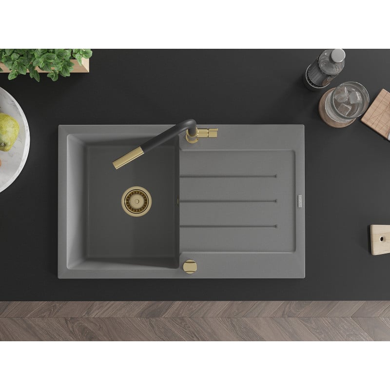 Mexen Bruno fregadero de granito de 1 seno con escurridor y grifo de cocina Flora, gris - 6513-71-670401-57-G