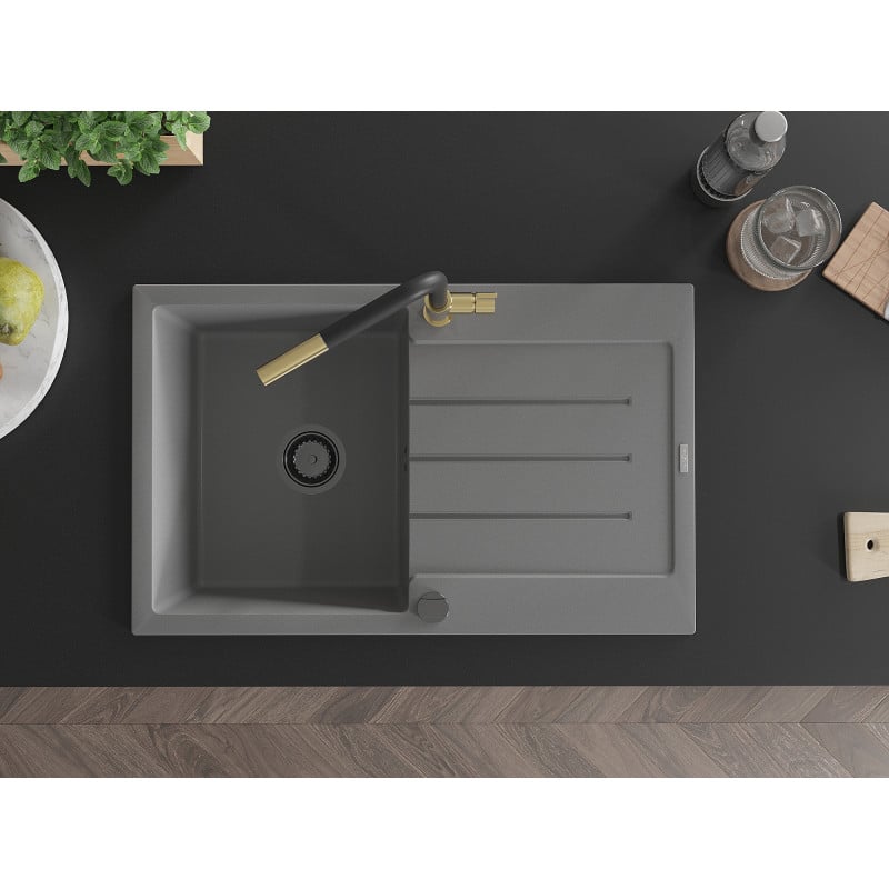 Mexen Bruno 1-bowl granite sink with drainer and Flora kitchen tap, grey - 6513-71-670401-57-B