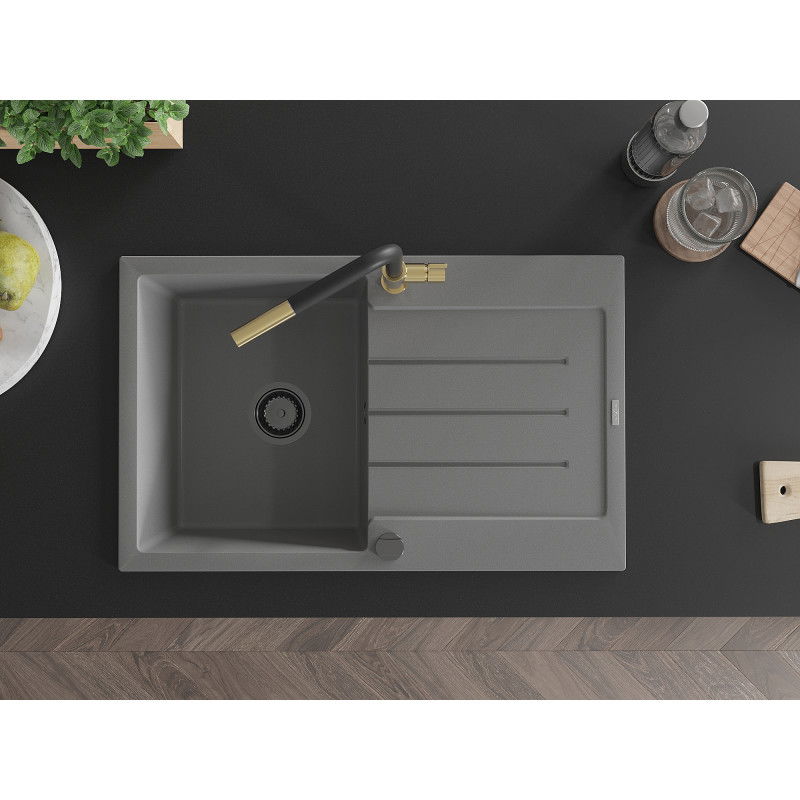 Mexen Bruno fregadero de granito de 1 cubeta con escurridor y grifo de cocina Flora, gris - 6513-71-670401-57-B