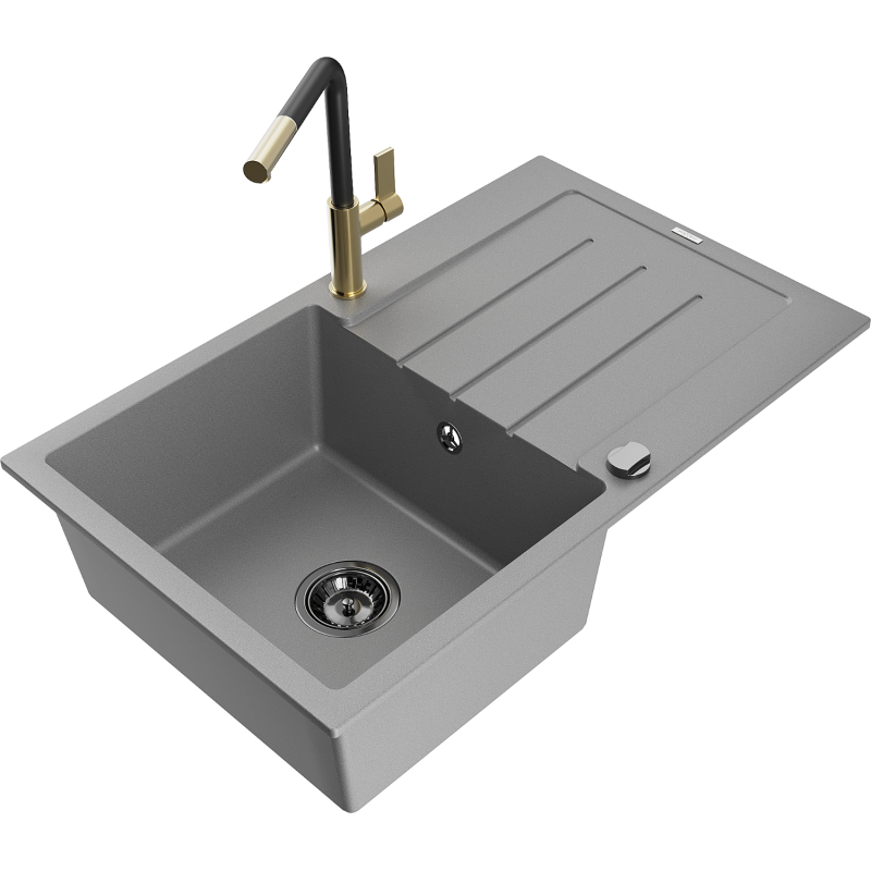 Mexen Bruno Granitspüle, 1 Becken mit Abtropffläche und Küchenarmatur Flora, grau - 6513-71-670401-57-B