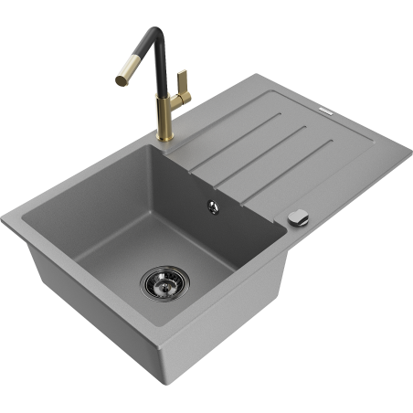 Mexen Bruno Granitspüle, 1 Becken mit Abtropffläche und Küchenarmatur Flora, grau - 6513-71-670401-57-B
