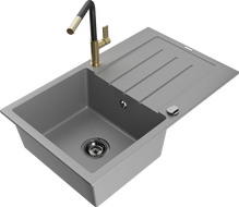 Mexen Bruno Granitspüle, 1 Becken mit Abtropffläche und Küchenarmatur Flora, grau - 6513-71-670401-57-B