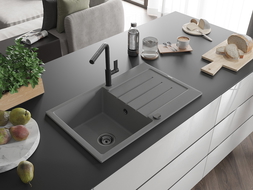 Mexen Bruno Granitspüle 1-Becken mit Abtropffläche und Küchenarmatur Flora, grau - 6513-71-670401-70-B