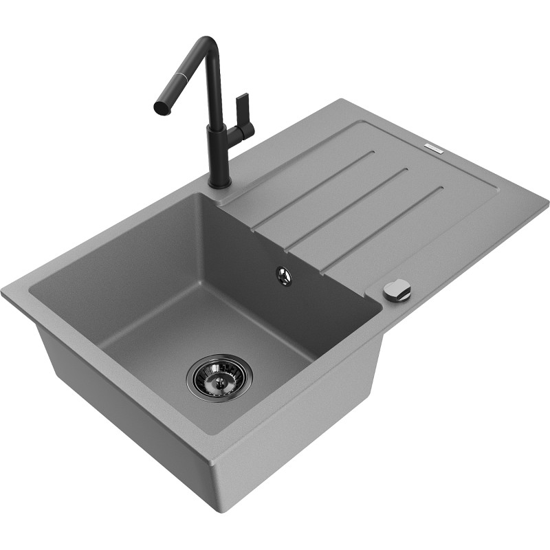 Mexen Bruno fregadero de granito de 1 cubeta con escurridor y grifo de cocina Flora, gris - 6513-71-670401-70-B