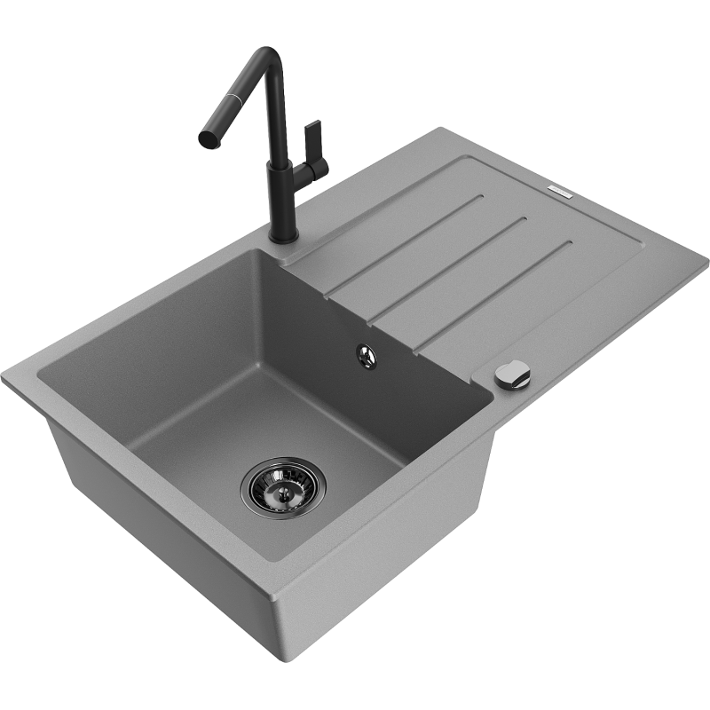 Mexen Bruno Granitspüle 1-Becken mit Abtropffläche und Küchenarmatur Flora, grau - 6513-71-670401-70-B