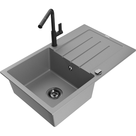 Mexen Bruno Granitspüle 1-Becken mit Abtropffläche und Küchenarmatur Flora, grau - 6513-71-670401-70-B