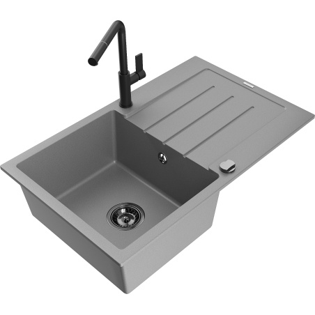 Mexen Bruno Granitspüle mit einer Kammer, Abtropffläche und Küchenarmatur Flora, grau - 6513-71-670401-70-B