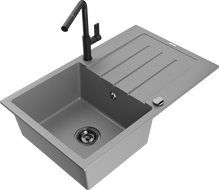 Mexen Bruno Granitspüle 1-Becken mit Abtropffläche und Küchenarmatur Flora, grau - 6513-71-670401-70-B