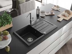 Mexen Bruno fregadero de granito de 1 cubeta con escurridor y grifo de cocina Flora, negro/plateado metálico