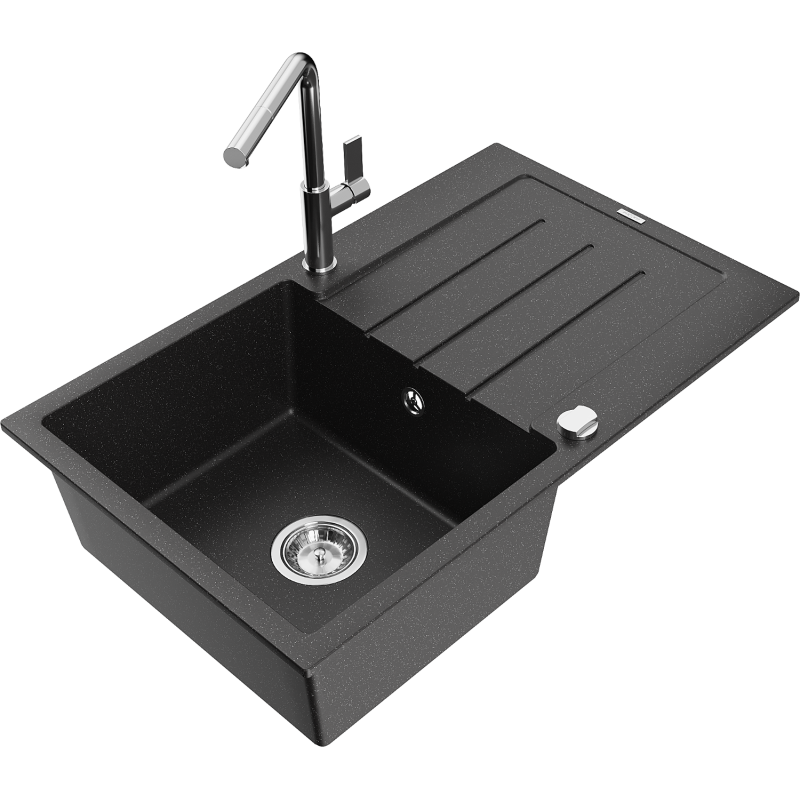 Mexen Bruno granieten spoelbak met 1 bak, afdruiprek en Flora keukenkraan, zwart/zilver metallic - 6513-73-670401-00