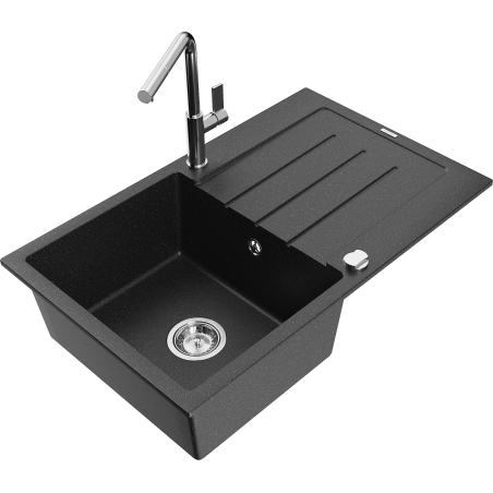 Mexen Bruno 1-bowl granite sink with drainer and Flora kitchen tap, black/silver metallic - 6513-73-670401-00