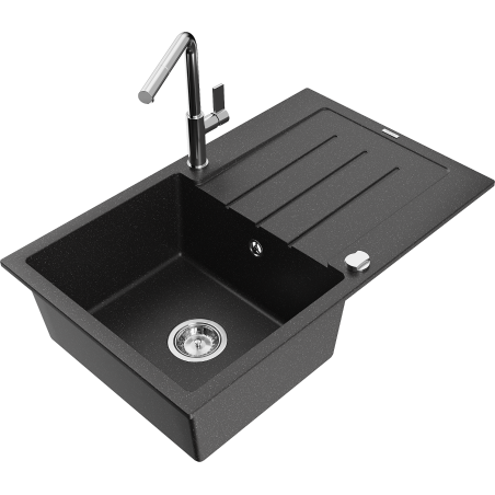 Mexen Bruno fregadero de granito de 1 cubeta con escurridor y grifo de cocina Flora, negro/plateado metálico