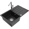 Mexen Bruno 1-bowl granite sink with drainer and Flora kitchen tap, black/silver metallic - 6513-73-670401-00