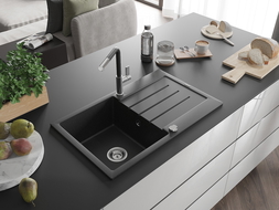 Mexen Bruno Granitspüle 1-Becken mit Abtropffläche und Küchenarmatur Flora, schwarz/silber Metallic - 6513-73-670401-07
