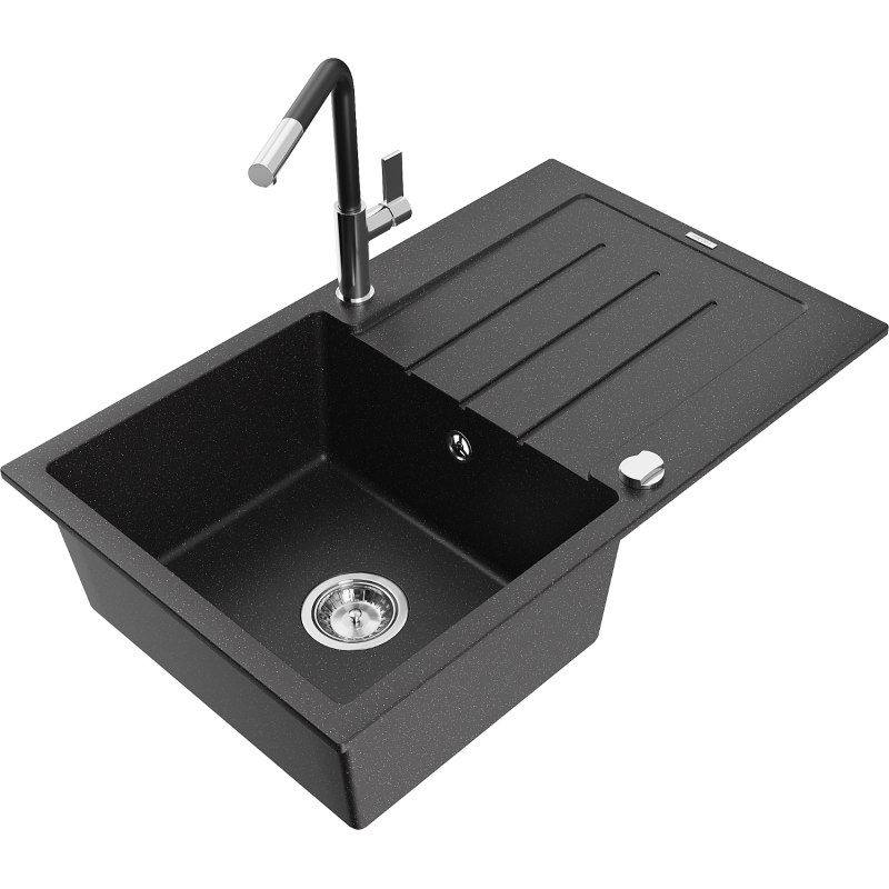 Mexen Bruno fregadero de granito de 1 seno con escurridor y grifo de cocina Flora, negro/plateado metálico - 6513-73-670401-07