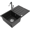 Mexen Bruno fregadero de granito de 1 seno con escurridor y grifo de cocina Flora, negro/plateado metálico - 6513-73-670401-07