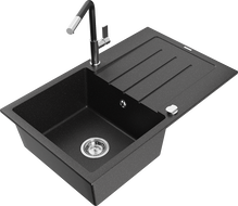 Mexen Bruno fregadero de granito de 1 seno con escurridor y grifo de cocina Flora, negro/plateado metálico - 6513-73-670401-07
