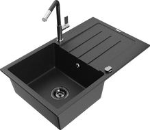 Mexen Bruno Granitspüle 1-Becken mit Abtropffläche und Küchenarmatur Flora, schwarz/silber metallic - 6513-73-670401-07-B