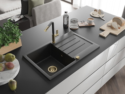 Mexen Bruno Granitspüle 1-beckig mit Abtropffläche und Küchenarmatur Flora, schwarz/silber-metallic - 6513-73-670401-57-G