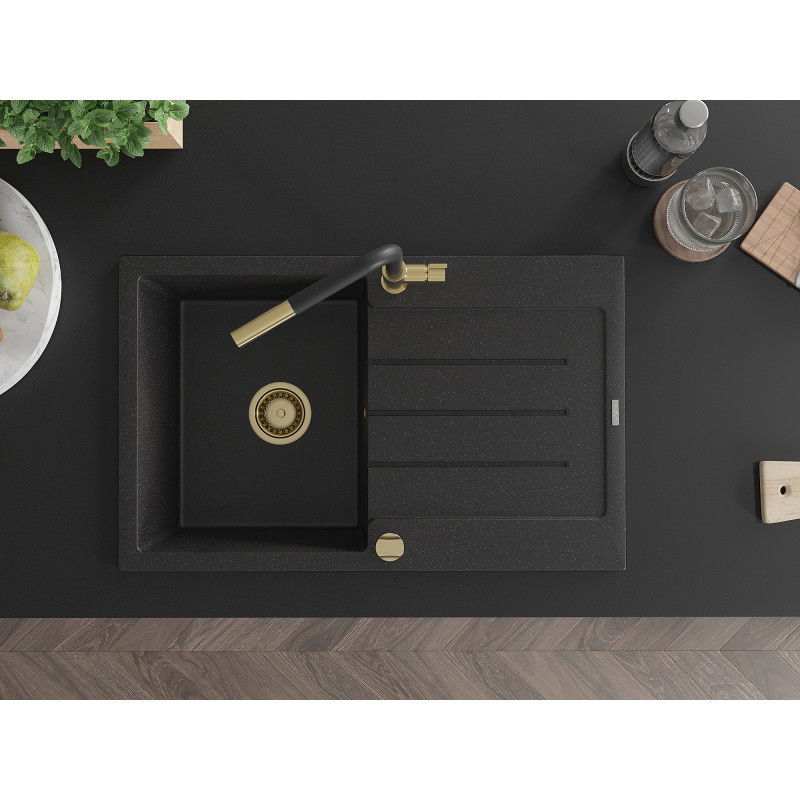 Mexen Bruno Granitspüle 1-beckig mit Abtropffläche und Küchenarmatur Flora, schwarz/silber-metallic - 6513-73-670401-57-G