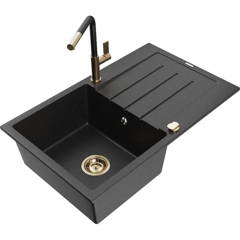 Mexen Bruno granieten gootsteen 1-kompartiment met afdruiprek en keukenkraan Flora, zwart/zilver metallic - 6513-73-670401-57-G