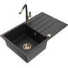 Mexen Bruno Granitspüle 1-Becken mit Abtropffläche und Küchenarmatur Flora, schwarz/silber metallic - 6513-73-670401-57-G
