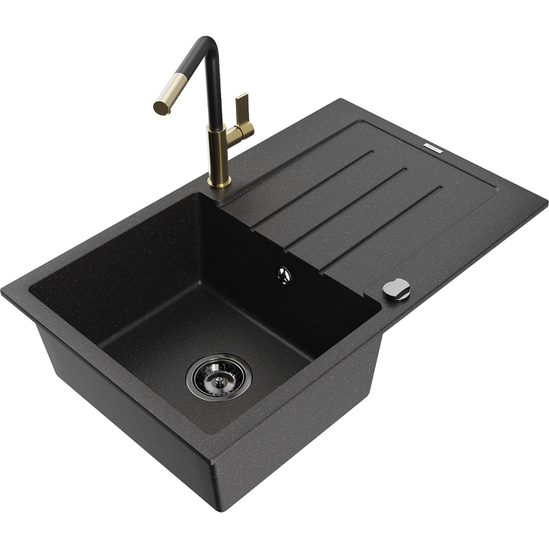 Mexen Bruno granieten spoelbak 1-komorsig met afdruiprek en keukenkraan Flora, zwart/zilver metallic - 6513-73-670401-57-B