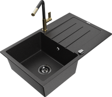 Mexen Bruno graniittinen 1-osainen tiskiallas valutustasolla ja Flora-keittiöhanalla, musta/hopeametalli - 6513-73-670401-57-B