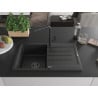 Mexen Bruno granite kitchen sink with 1 basin, drainer, and Flora kitchen faucet, black/silver metallic - 6513-73-670401-70-B