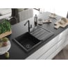 Mexen Bruno granite kitchen sink with 1 basin, drainer, and Flora kitchen faucet, black/silver metallic - 6513-73-670401-70-B