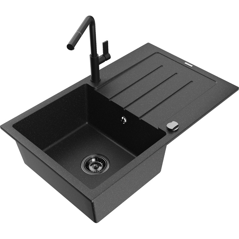 Mexen Bruno Granit-Spülbecken mit 1 Becken, Abtropffläche und Küchenarmatur Flora, schwarz/silber metallic