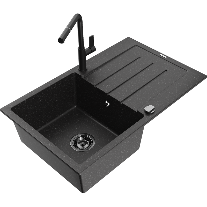 Mexen Bruno granite sink 1-bowl with drainer and kitchen tap Flora, black/silver metallic - 6513-73-670401-70-B