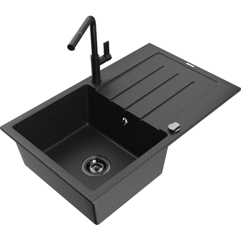 Mexen Bruno Granitspüle 1-beckig mit Abtropffläche und Küchenarmatur Flora, schwarz/silber metallic - 6513-73-670401-70-B
